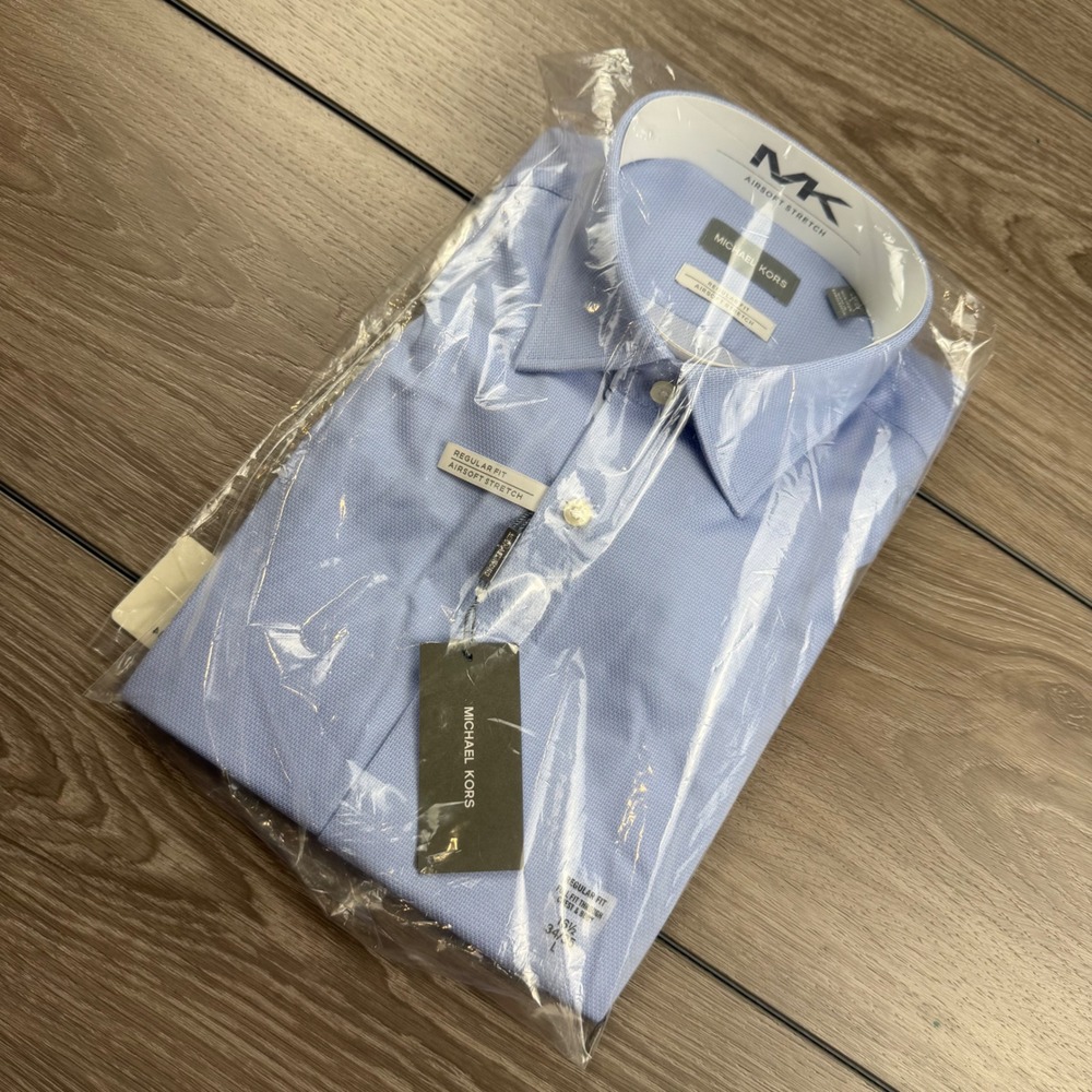 Michael Kors Mens Dress Shirt Airsoft Stretch Powder Blue 16.5 34/35